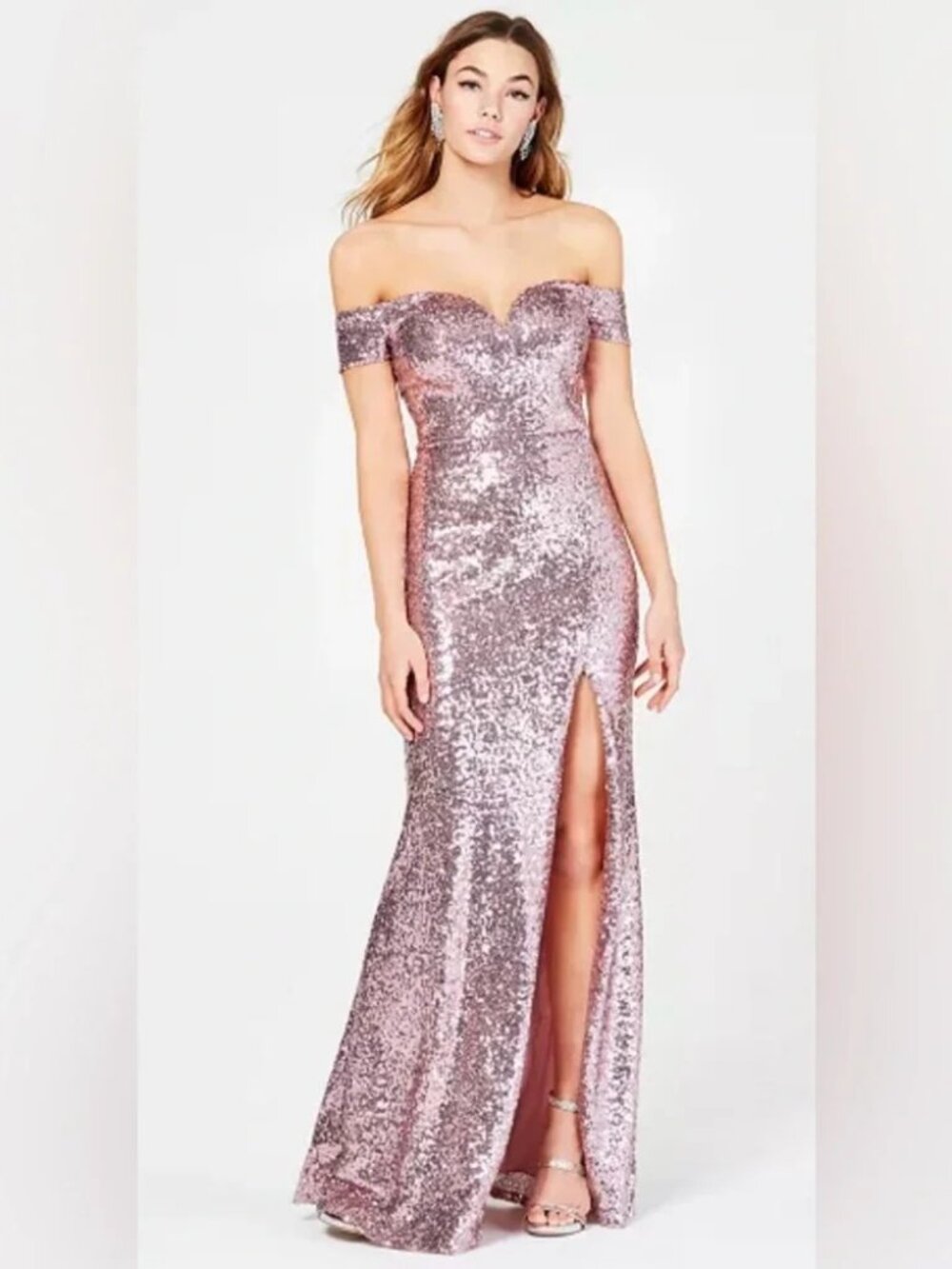 B Darlin Mint Pink Sequin Off-Shoulder Maxi Dress Size 1/2 (NWT)